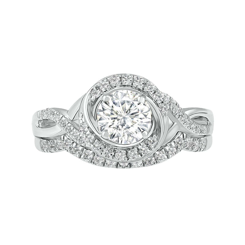 6.0mm White Lab-Created Sapphire Swirl Frame Twist Split Shank Bridal Engagement Ring Set in Sterling Silver