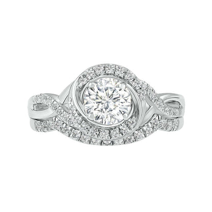 6.0mm White Lab-Created Sapphire Swirl Frame Twist Split Shank Bridal Engagement Ring Set in Sterling Silver