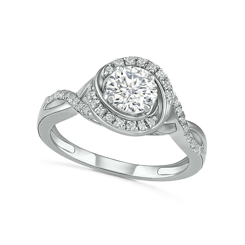 6.0mm White Lab-Created Sapphire Swirl Frame Twist Split Shank Bridal Engagement Ring Set in Sterling Silver