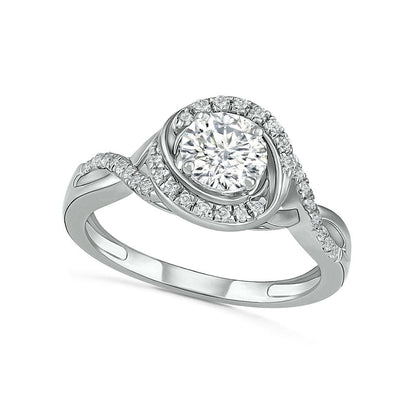 6.0mm White Lab-Created Sapphire Swirl Frame Twist Split Shank Bridal Engagement Ring Set in Sterling Silver