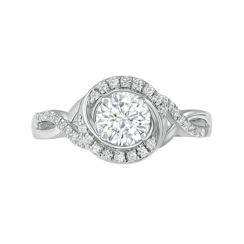 6.0mm White Lab-Created Sapphire Swirl Frame Twist Split Shank Bridal Engagement Ring Set in Sterling Silver