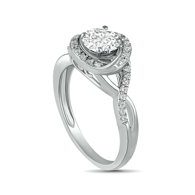 6.0mm White Lab-Created Sapphire Swirl Frame Twist Split Shank Bridal Engagement Ring Set in Sterling Silver