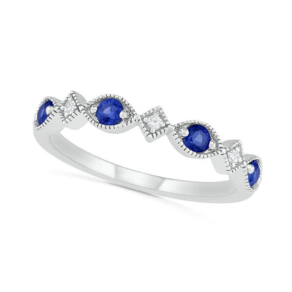 Lab-Created Blue Sapphire and Diamond Accent Alternating Art Deco Antique Vintage-Style Band in Solid 10K White Gold
