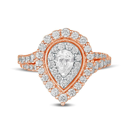 1.5 CT. T.W. Pear-Shaped Natural Diamond Double Frame Antique Vintage-Style Engagement Ring in Solid 14K Rose Gold