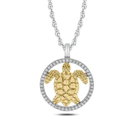 0.17 CT. T.W. Natural Diamond Circle with Turtle Pendant in 10K Two-Tone Gold
