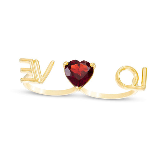 10.0mm Heart-Shaped Garnet LOVE" Script Ring in Sterling Silver with Solid 14K Gold Plate"