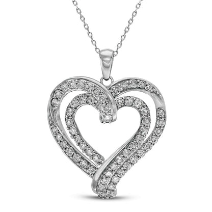 2 CT. T.W. Natural Diamond Double Row Ribbon Heart Pendant in 10K White Gold