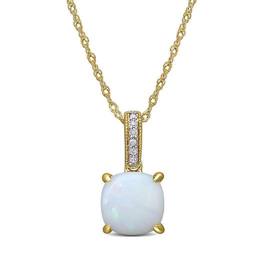 8.0mm Cushion-Cut Opal and Natural Diamond Accent Antique Vintage-Style Drop Pendant in 10K Yellow Gold - 17