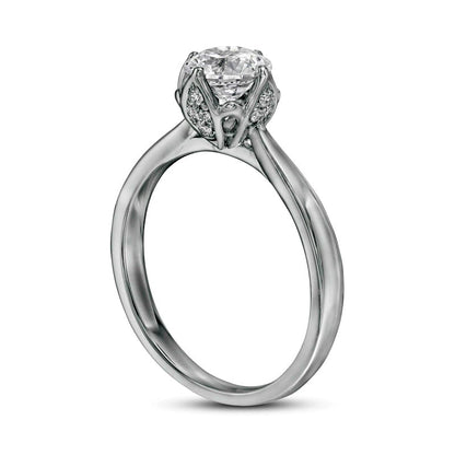 1.0 CT. T.W. Certified Natural Diamond Scallop Frame Floral Engagement Ring in Solid 14K White Gold (I/I2)