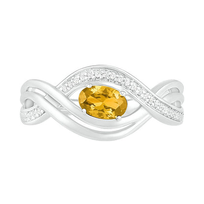 Sideways Oval Citrine and 0.07 CT. T.W. Natural Diamond Multi-Row Bypass Split Shank Ring in Sterling Silver