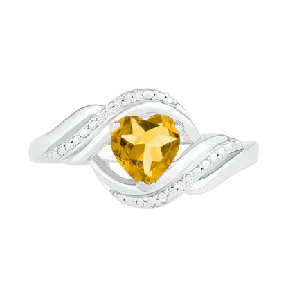 Heart-Shaped Citrine and Natural Diamond Accent Ribbon Ring in Sterling Silver