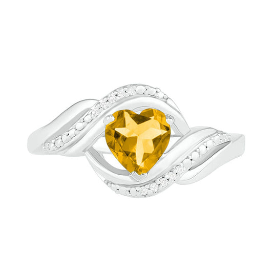 Heart-Shaped Citrine and Natural Diamond Accent Ribbon Ring in Sterling Silver