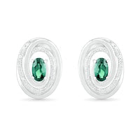 Oval Lab-Created Emerald and 0.07 CT. T.W. Diamond Beaded Open Swirl Frame Stud Earrings in Sterling Silver