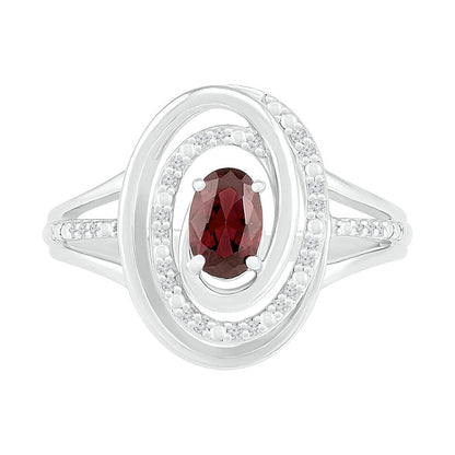 Oval Garnet and 0.07 CT. T.W. Natural Diamond Beaded Open Swirl Frame Triple Row Split Shank Ring in Sterling Silver