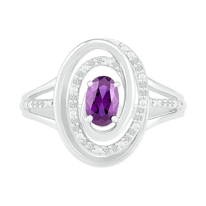 Oval Amethyst and 0.07 CT. T.W. Natural Diamond Beaded Open Swirl Frame Triple Row Split Shank Ring in Sterling Silver