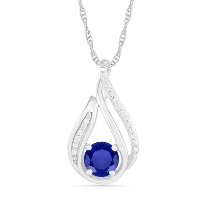 6.0mm Blue Lab-Created Sapphire and 0.07 CT. T.W. Diamond Beaded Open Flame Pendant in Sterling Silver