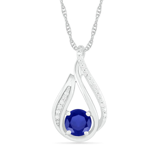 6.0mm Blue Lab-Created Sapphire and 0.07 CT. T.W. Diamond Beaded Open Flame Pendant in Sterling Silver