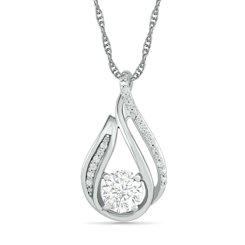 6.0mm White Lab-Created Sapphire and 0.07 CT. T.W. Diamond Beaded Open Flame Pendant in Sterling Silver