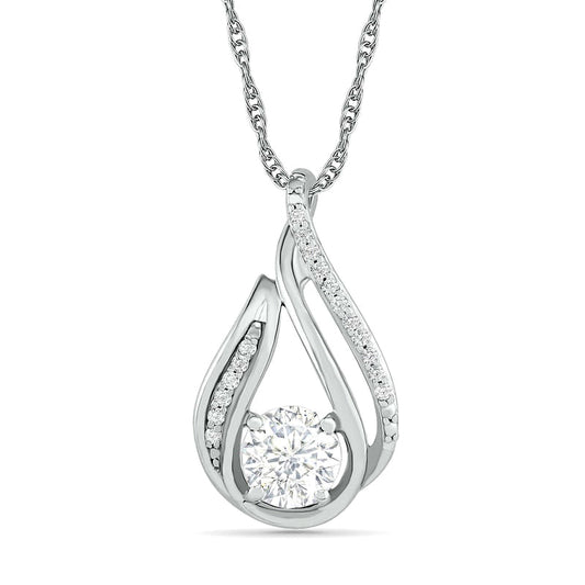6.0mm White Lab-Created Sapphire and 0.07 CT. T.W. Diamond Beaded Open Flame Pendant in Sterling Silver
