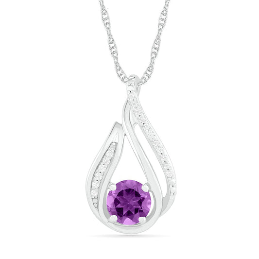 6.0mm Amethyst and 0.07 CT. T.W. Natural Diamond Beaded Open Flame Pendant in Sterling Silver