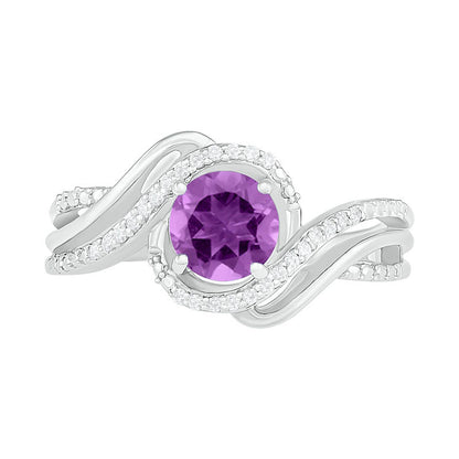 6.0mm Amethyst and 0.07 CT. T.W. Natural Diamond Beaded Triple Row Bypass Twist Shank Ring in Sterling Silver