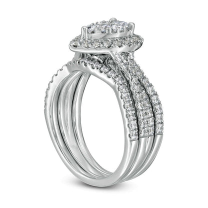 1.38 CT. T.W. Composite Natural Diamond Pear-Shaped Frame Multi-Row Three Piece Bridal Engagement Ring Set in Solid 14K White Gold