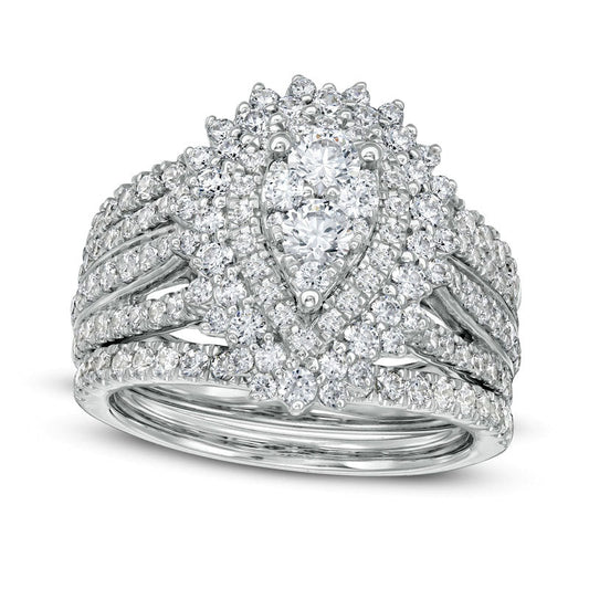 1.88 CT. T.W. Composite Natural Diamond Double Frame Sunburst Three Piece Bridal Engagement Ring Set in Solid 14K White Gold