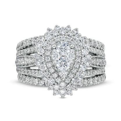 1.88 CT. T.W. Composite Natural Diamond Double Frame Sunburst Three Piece Bridal Engagement Ring Set in Solid 14K White Gold