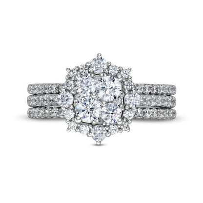 1.33 CT. T.W. Composite Natural Diamond Ornate Frame Three Piece Bridal Engagement Ring Set in Solid 14K White Gold
