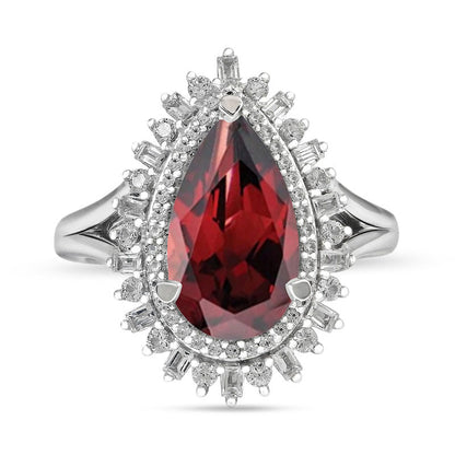 Pear-Shaped Garnet and White Lab-Created Sapphire Double Shadow Frame Split Shank Ring in Sterling Silver