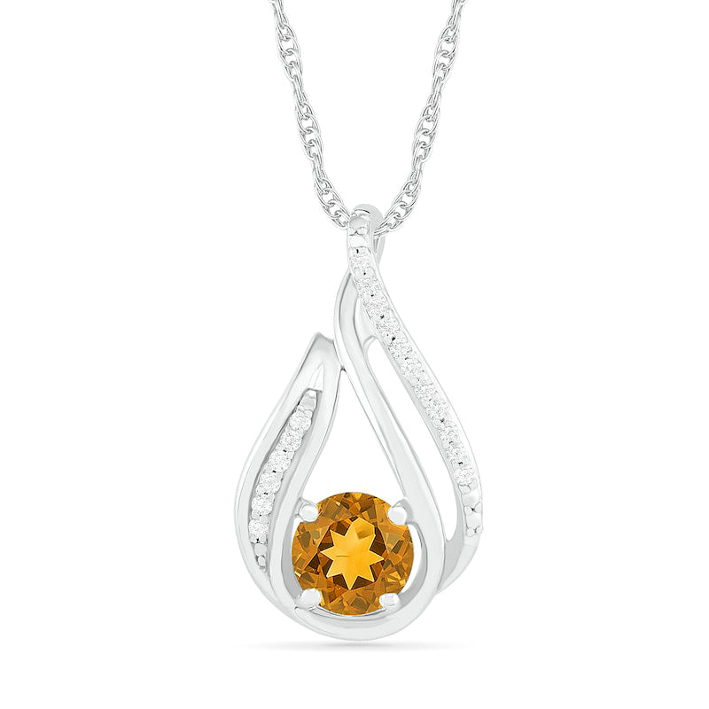 6.0mm Citrine and 0.07 CT. T.W. Natural Diamond Beaded Open Flame Pendant in Sterling Silver