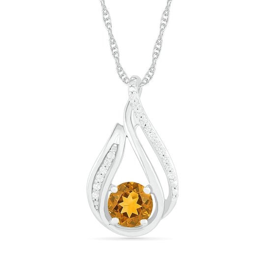 6.0mm Citrine and 0.07 CT. T.W. Natural Diamond Beaded Open Flame Pendant in Sterling Silver