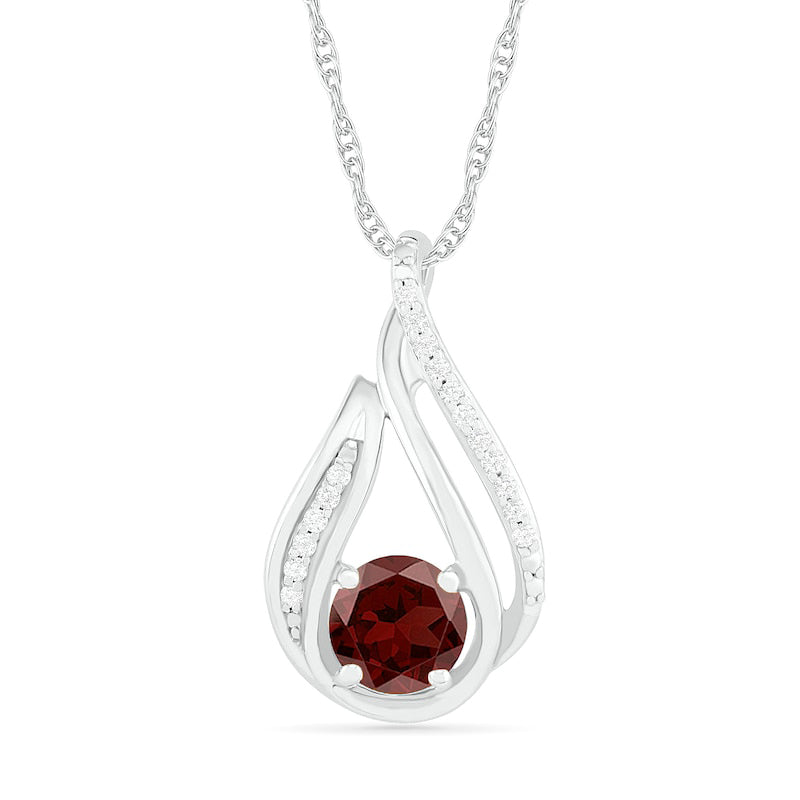 6.0mm Garnet and 0.07 CT. T.W. Natural Diamond Beaded Open Flame Pendant in Sterling Silver