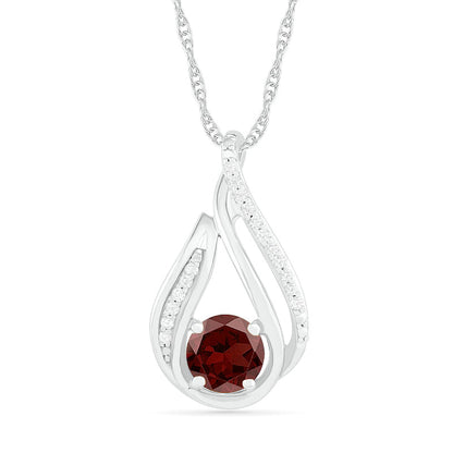 6.0mm Garnet and 0.07 CT. T.W. Natural Diamond Beaded Open Flame Pendant in Sterling Silver
