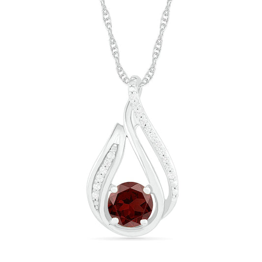 6.0mm Garnet and 0.07 CT. T.W. Natural Diamond Beaded Open Flame Pendant in Sterling Silver
