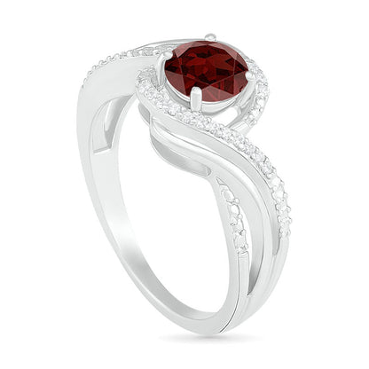 6.0mm Garnet and 0.07 CT. T.W. Natural Diamond Beaded Triple Row Bypass Twist Shank Ring in Sterling Silver