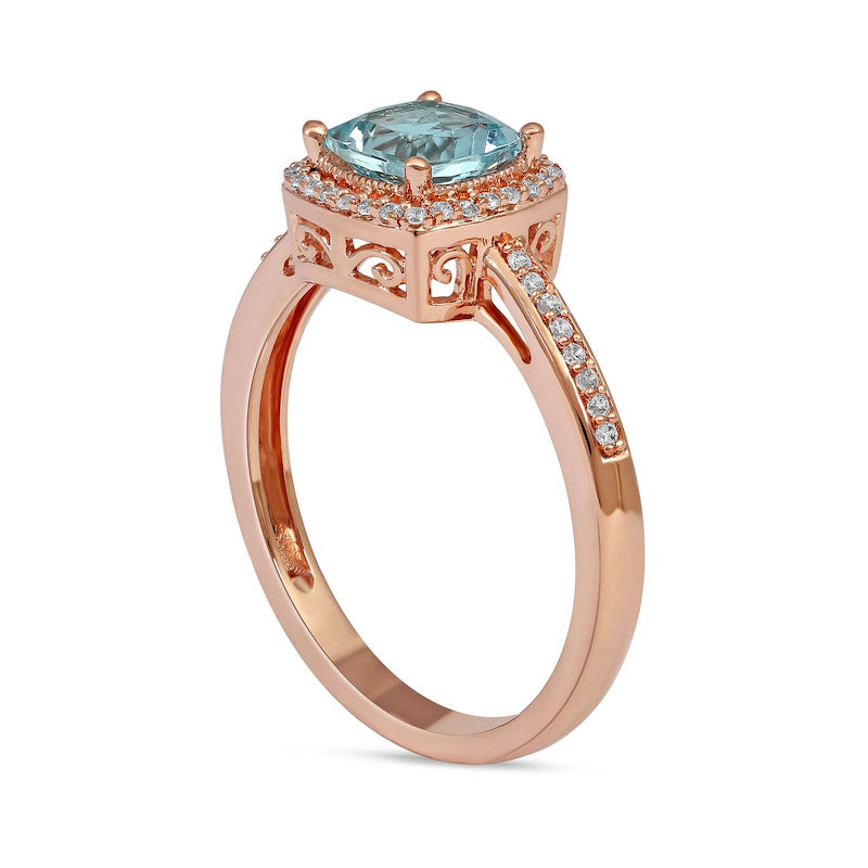 6.0mm Cushion-Cut Aquamarine and 0.10 CT. T.W. Natural Diamond Frame Scrollwork Gallery Antique Vintage-Style Ring in Solid 10K Rose Gold