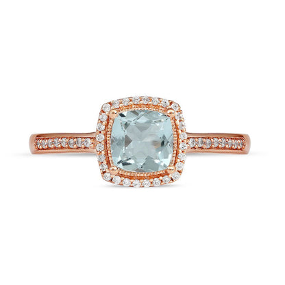 6.0mm Cushion-Cut Aquamarine and 0.10 CT. T.W. Natural Diamond Frame Scrollwork Gallery Antique Vintage-Style Ring in Solid 10K Rose Gold