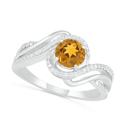 6.0mm Citrine and 0.07 CT. T.W. Natural Diamond Beaded Triple Row Bypass Twist Shank Ring in Sterling Silver