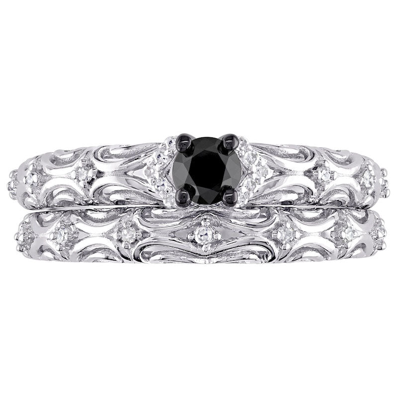 0.33 CT. T.W. Enhanced Black and White Natural Diamond Filigree Bridal Engagement Ring Set in Sterling Silver