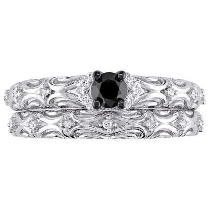 0.33 CT. T.W. Enhanced Black and White Natural Diamond Filigree Bridal Engagement Ring Set in Sterling Silver