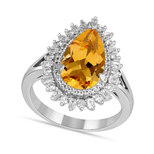 Pear-Shaped Citrine and White Lab-Created Sapphire Double Shadow Frame Split Shank Ring in Sterling Silver