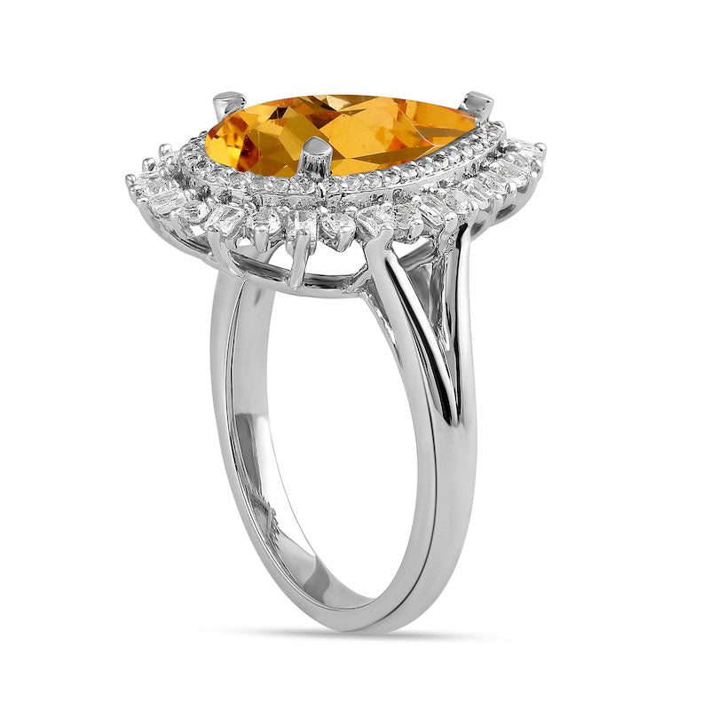 Pear-Shaped Citrine and White Lab-Created Sapphire Double Shadow Frame Split Shank Ring in Sterling Silver