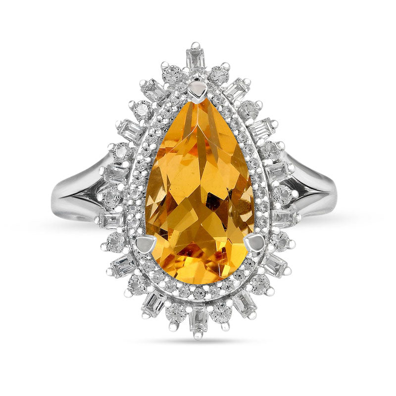 Pear-Shaped Citrine and White Lab-Created Sapphire Double Shadow Frame Split Shank Ring in Sterling Silver
