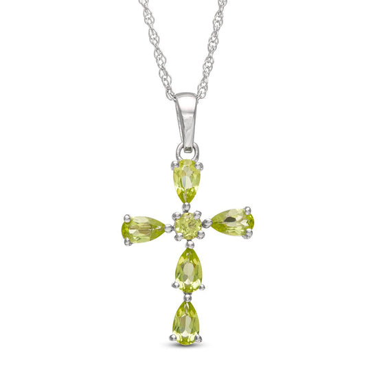 Pear-Shaped and Round Peridot Cross Pendant in Sterling Silver