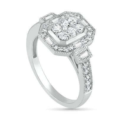 0.75 CT. T.W. Composite Natural Diamond Elongated Octagonal Frame Antique Vintage-Style Bridal Engagement Ring Set in Solid 10K White Gold