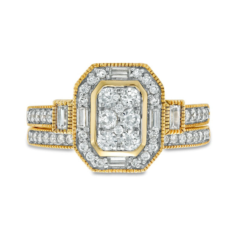 0.75 CT. T.W. Composite Natural Diamond Elongated Octagonal Frame Antique Vintage-Style Bridal Engagement Ring Set in Solid 10K Yellow Gold