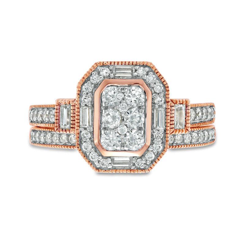 0.75 CT. T.W. Composite Natural Diamond Elongated Octagonal Frame Antique Vintage-Style Bridal Engagement Ring Set in Solid 10K Rose Gold