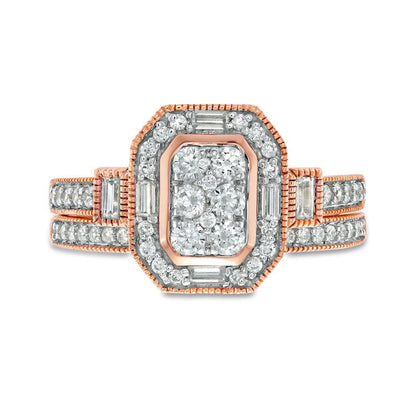 0.75 CT. T.W. Composite Natural Diamond Elongated Octagonal Frame Antique Vintage-Style Bridal Engagement Ring Set in Solid 10K Rose Gold
