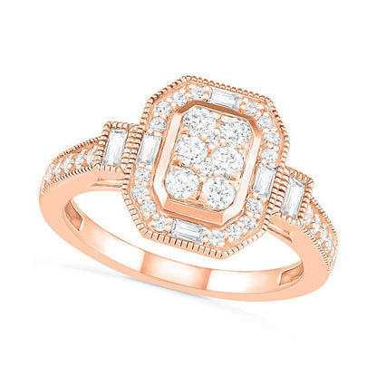 0.75 CT. T.W. Composite Natural Diamond Elongated Octagonal Frame Antique Vintage-Style Bridal Engagement Ring Set in Solid 10K Rose Gold